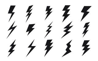 Lightning bolt icons set isolated on white background. Black icons of thunder or lightning signs.Thunderbolt silhouette.Simple lightning strike sign. vector