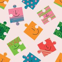 Abstract puzzles with faces on light background. Hand drawn trendy seamless Pattern. Different colored characters. Flat design. Background, wallpaper. vector