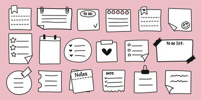 Hand drawn memo paper sheet icon set in flat style. Simple sticky note set. Illustration of notes on isolated pink background. Memo doodle. A variety of paper stickers. vector