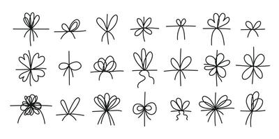 Simple bow doodle set. Bow on string set, lines and corners decoration design. Line bows on ribbon. Bowknot for package or letter, planner diary decent dividers. vector