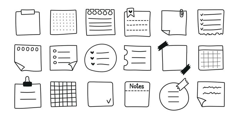 Hand drawn memo paper sheet icon set in flat style. Simple sticky note set. Sticky note illustration on isolated background. Memo doodle. A variety of paper stickers.
