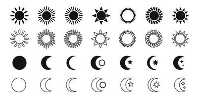 Sun and moon icon illustration set. Night icon of the moon with stars and sun icon, on white background. Black and white symbols, celestial design elements, star, crescent phases. vector