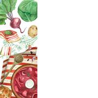 Rectangular composition, for menus and cookbooks. Borscht with garlic pampushki on a striped napkin, wooden spoon, vegetables and lard. All objects are hand-drawn with watercolors. For printing vector