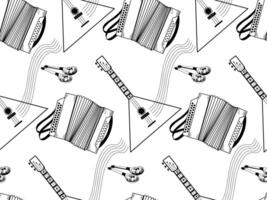 Seamless pattern on the theme of musical instruments. Balalaika, accordion, wooden painted spoons, all objects are hand-drawn in . Russian folk instruments. For printing on fabric, paper vector