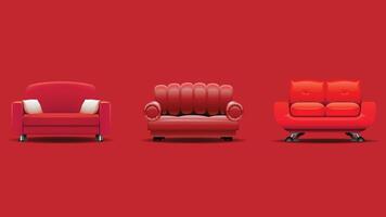 a set of three red chairs and a couch vector