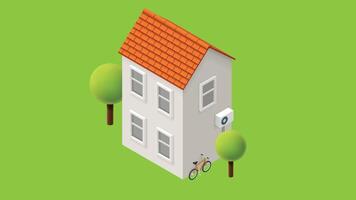 a house with a bicycle parked in front of it isometric style illustration vector