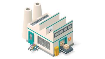 isometric illustration of a factory with a bicycle isometric style illustration vector