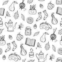 Cozy Autumn hand drawn seamless pattern. Doodle style cute relaxing background. Outline design Fall elements. Black and white illustration. vector