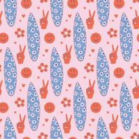 Retro style surfboard seamless pattern. Vintage cool vibes background. Y2K aesthetic print with SUP board, victory symbol, smile. Hand drawn flat design illustration on pink backdrop. vector