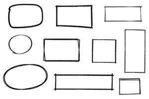Hand drawn grunge doodle frame set, marker pen line strokes, square circle rectangle oval ellipse border design elements vector