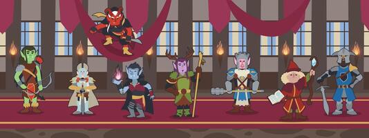 Cartoon illustration of fantasy RPG character classes in castle. Human elf orc gnome wizard sorcerer knight paladin druid rogue ranger collection. Flat colors vector