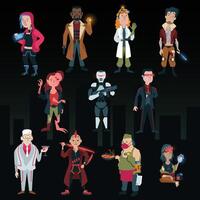 Cartoon illustration of dystopian cyberpunk characters. Sci-fi set hacker detective scientist gangster mutant robot agent millionaire samurai cook vr. Flat colors, dark background vector