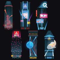 Illustration of dystopian cyberpunk buildings. Futuristic dark sci-fi architecture city with neon lights holograms billboards. Flat colors, black background vector