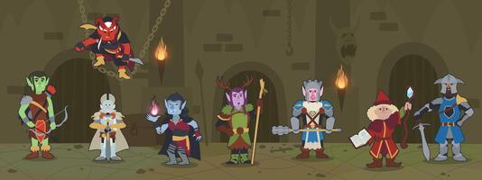Cartoon illustration of fantasy RPG character classes in dungeon. Human elf orc gnome wizard sorcerer knight paladin druid rogue ranger collection. Flat colors vector
