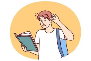 Shocked guy student with book reads amazing smart facts in textbook which causes wow effect vector