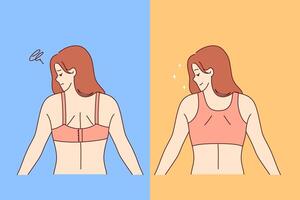 Woman wearing different types of bras compares comfort of underwear, which effect on posture vector