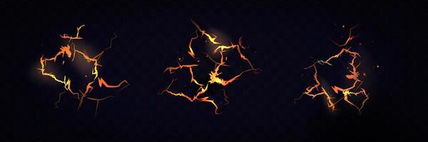 Lava cracks with glow of fire or magma inside. Set of fire lines vector