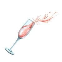 A glass with splashes of pink champagne. Watercolor illustration. An isolated object from a large set of HAPPY BIRTHDAY. For decoration, design and compositions of menus, postcards, greetings, logo vector