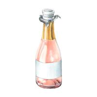 An open bottle with pink champagne, a golden wrapper and an empty white label. Watercolor illustration. An isolated object from a large set of HAPPY BIRTHDAY. For decoration and design, compositions. vector
