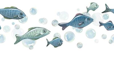 Blue water bubbles of different sizes with fish in a chaotic order. Watercolor hand-drawn illustration. Seamless border, pattern, endlessly repeating ornament, on a white background vector