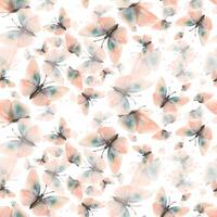 Delicate, flying, elegant butterflies in the trendy pastel color peach fuzz in a vintage style. Hand drawn watercolor illustration. Seamless pattern, repeating ornament on a white background vector