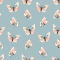 Delicate, flying, elegant butterflies in the trendy pastel color peach fuzz in a vintage style. Hand drawn watercolor illustration. Seamless pattern, repeating ornament on a blue background vector
