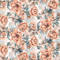 Peony flowers with buds and leaves with flying butterflies in pastel peach fuzz color. Hand drawn botanical watercolor illustration. Romantic, cute, beautiful, seamless pattern, repeating ornament vector