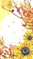 Autumn rowan leaves, maple, birch, rudbeckia flowers, tree branches and ladybugs. Watercolor illustrations. Blank template for text rectangular, vertical. vector