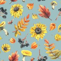 Autumn berries physalis, chokeberry, rowan leaves, maple, birch, russula mushrooms, rudbeckia flowers, tree branches and ladybugs. Watercolor illustrations. Seamless pattern on blue background vector
