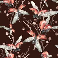 Ladybugs in flight from different angles against the background of autumn apple branches. Watercolor illustration hand drawn. Seamless pattern on burgundy background vector