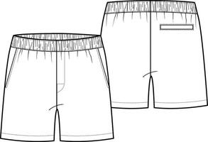 Classic basic men active boxer short with front pockets and back wearer right side welt pocket, elastic waistband, flat sketch illustration, fashion design, front and back view vector
