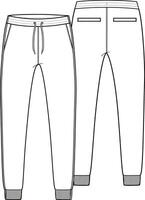 Men jogger rib cuff with drawcord, tunnel stitching waistband, front slanted pockets, welt back pockets vector