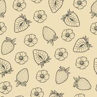 Seamless pattern with strawberries, black line art illustration on beige background, hand drawn botanical outline sketch. Monochrome drawing. For digital background, packaging, textile. vector