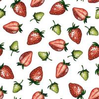 Seamless pattern with juicy red and green strawberries isolated on white background, hand drawn watercolor illustration. For background, fabric and textile, postcard, packaging. vector