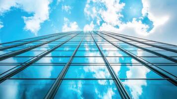 Low angle view of skyscraper with glass windows and blue sky background for business, trade and finance concept photo