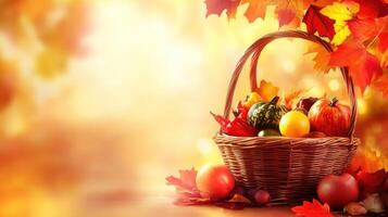 Basket with vegetables and fruits with copy space. Autumn and Thanksgiving concept. Apples, pumpkins and maple leaves photo