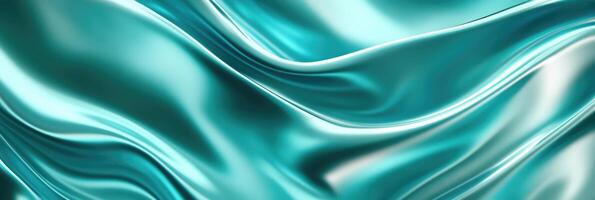 Turquoise soft satin fabric wave background design. Texture with smooth flowing patterns and light shiny effect photo