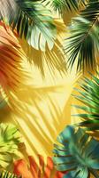 Colorful palm tree leaves background with copy space for text. Floral pattern wallpaper with shadows from shining sun photo