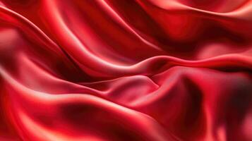 Red soft satin fabric waves background design. Texture with smooth flowing patterns and light shiny effect photo
