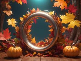 autumn background with pumpkin and leaves photo
