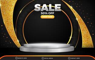 sale discount template banner with blank space 3d podium for product sale with abstract gradient black and golden background design vector
