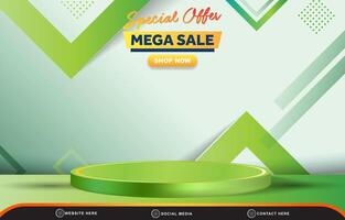 special offer mega sale template banner with blank space 3d podium for product sale with abstract gradient green and white background design vector