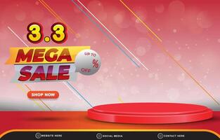 03.03 mega sale discount template banner with blank space 3d podium for product sale with abstract gradient red and white background design vector