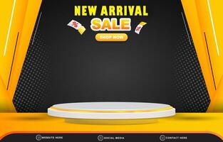 new arrival sale discount template banner with blank space 3d podium for product sale with abstract gradient black and yellow background design vector