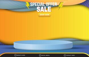 special offer sale template banner with blank space 3d podium for product sale with abstract gradient orange and blue background design vector