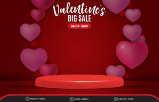 valentine sale discount template banner with blank space 3d podium for product sale with abstract gradient red background design vector