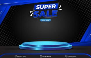 super sale discount template banner with blank space 3d podium for product sale with abstract gradient blue and black background design vector