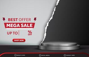 best offer mega sale discount template banner with blank space 3d podium for product sale with abstract gradient black and white background design vector