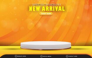 special discount new arrival sale template banner with blank space 3d podium for product sale with abstract gradient orange and yellow background design vector