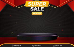 super sale discount template banner with blank space 3d podium for product sale with abstract gradient red and black background design vector